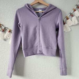Aritzia TNA Thermal Knit Purple Full Zip Cropped Hooded Sweater Basics Lounge S